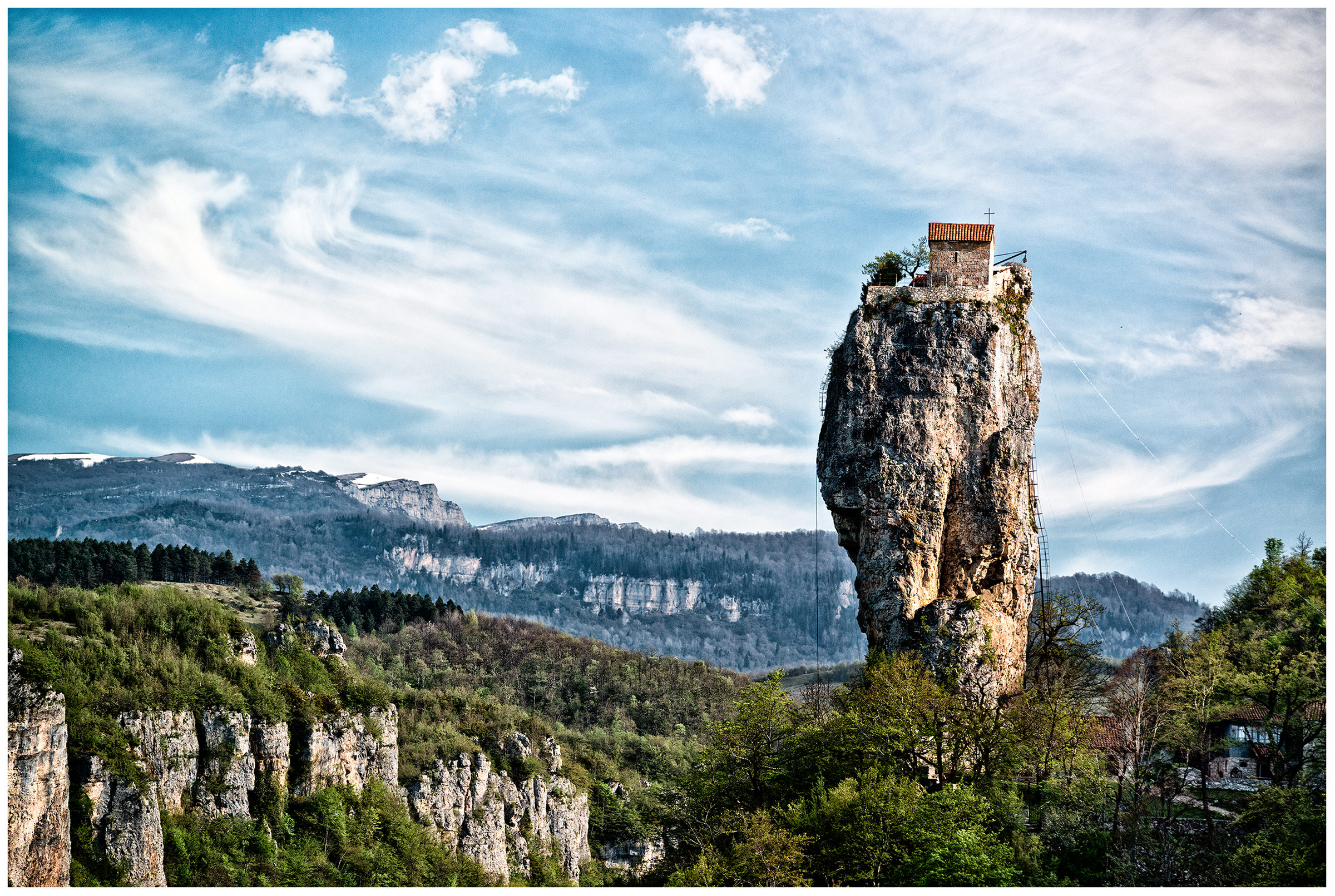 Imereti, Georgia. A monastery built by the Georgian monk Maxime Kavtaradze stands on a rock.