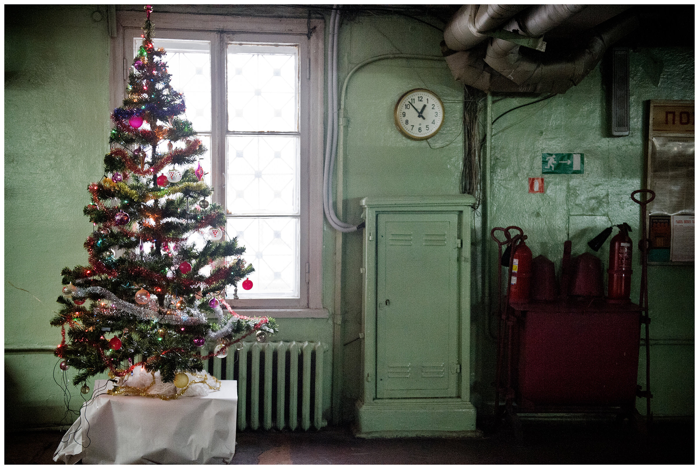 Minsk, Belarus, the publishing house "Pechatny Combinat". A fir tree stands in the repair department.