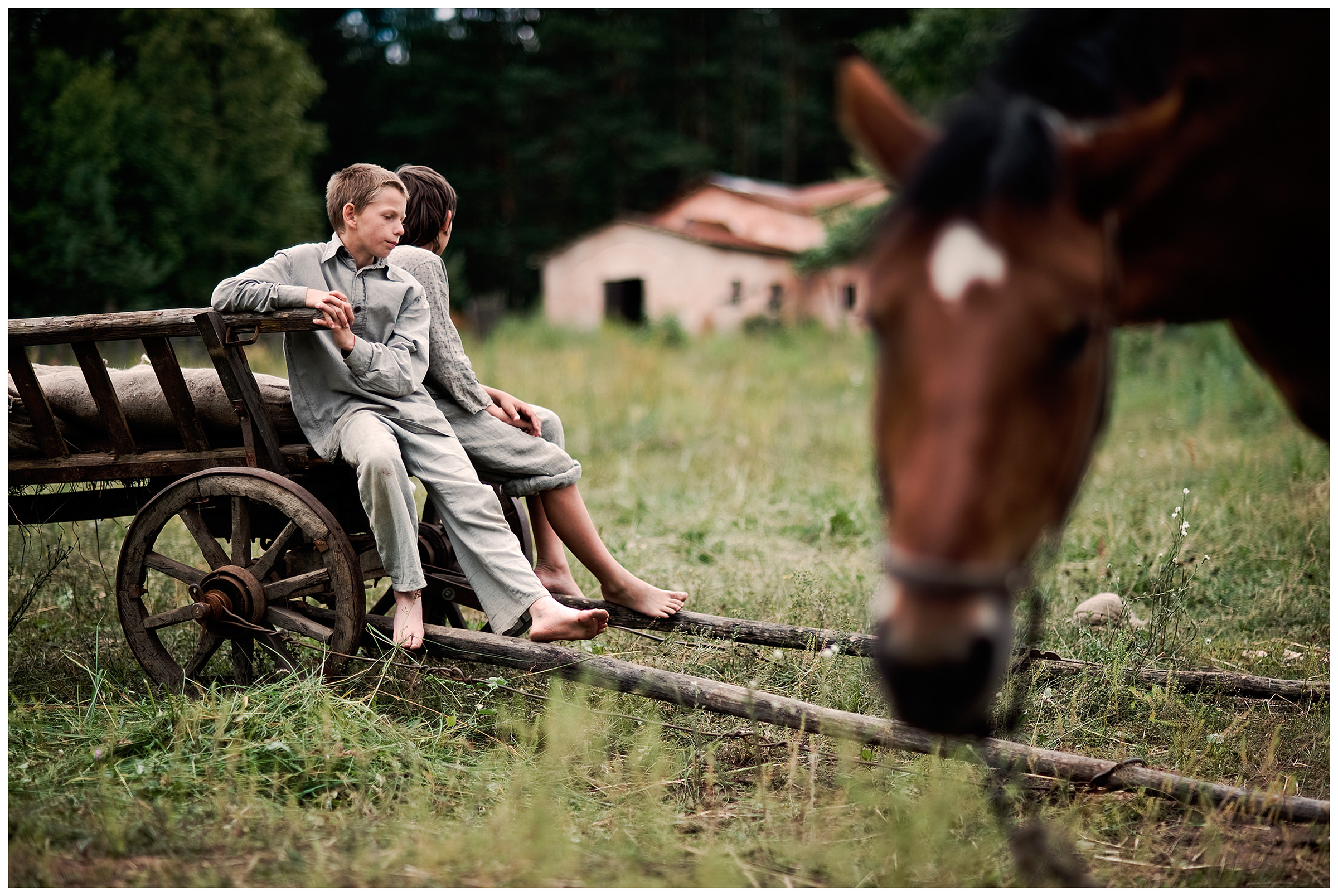 Belarus. Two boys sitting on a cart. In the foreground a horse is grazing.