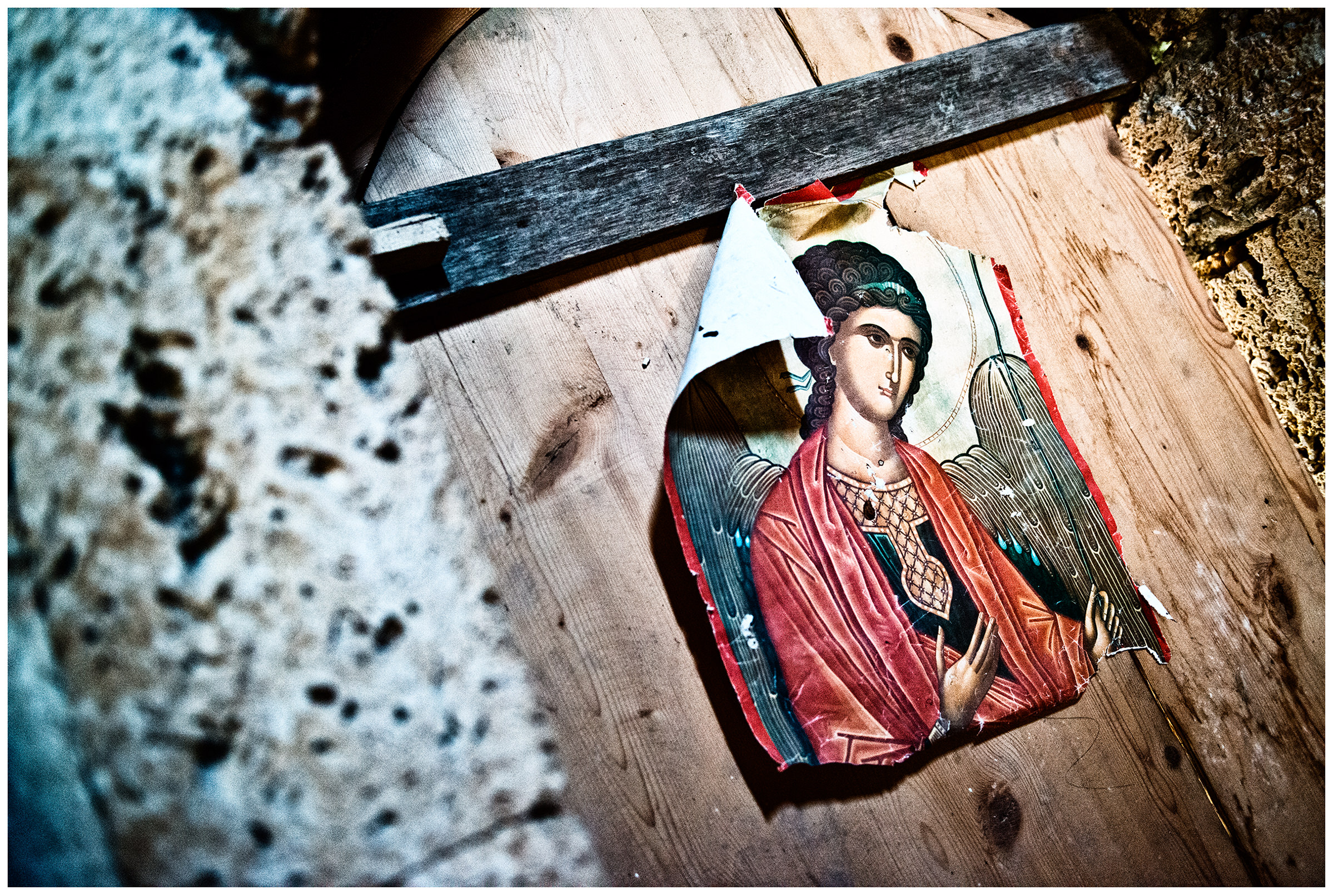 Imereti, Georgia. A paper icon hangs on the door of an old monastery.