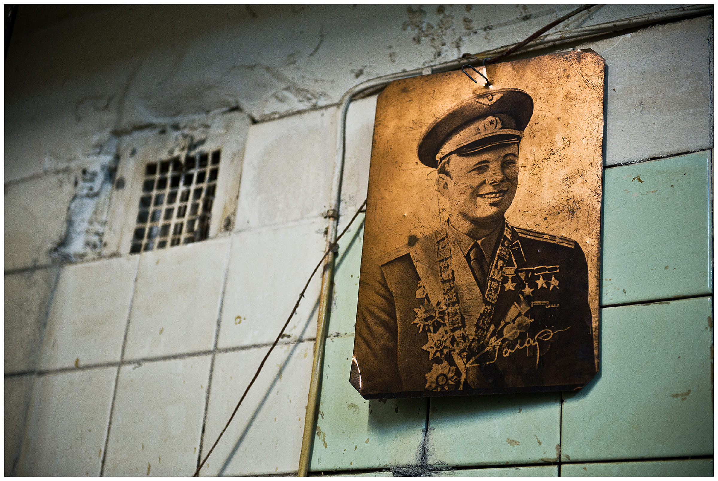 Minsk, Belarus, the publishing house "Pechatny Combinat". A portrait of Yuri Gagarin hangs on the wall in the bunker under the print shop.