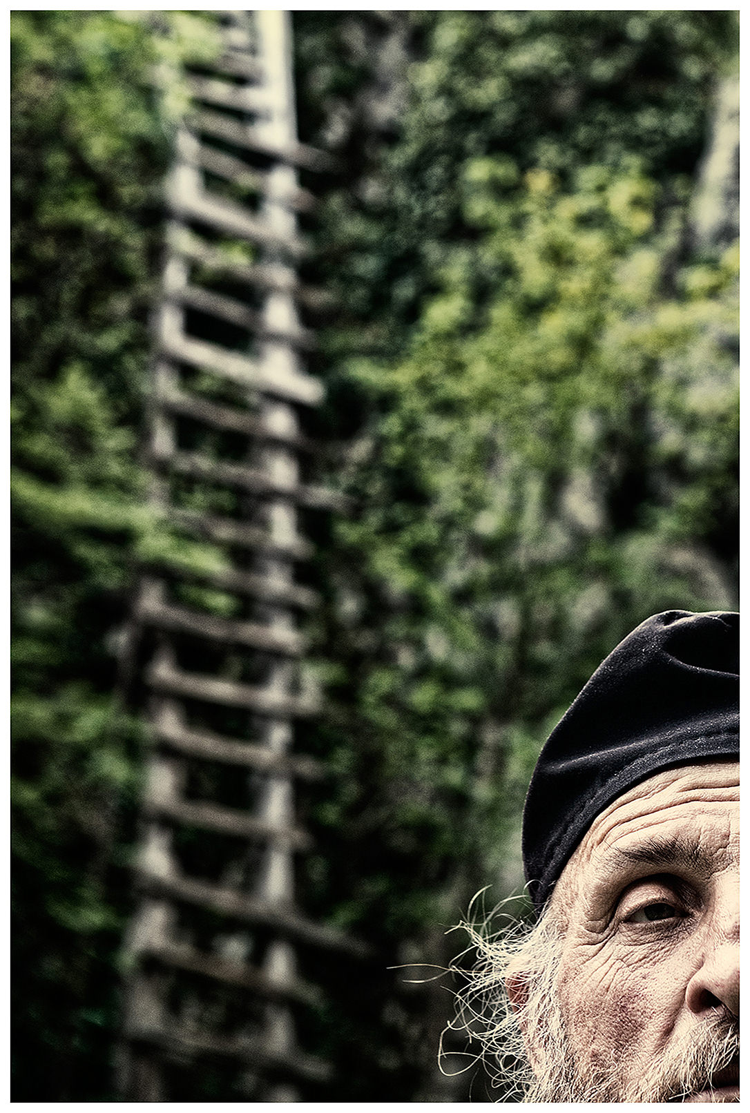 Imereti, Georgia. The Georgian monk Maxime Kavtaradze stands in front of the rock with a wooden ladder leading to his house.